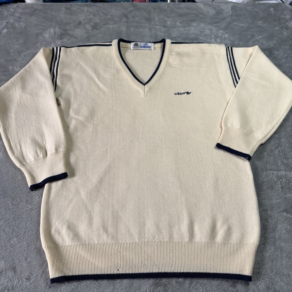 VTG 80s Adidas Wool Striped Accent‎ V Neck Sweater Size XL Ivory Preppy Sports